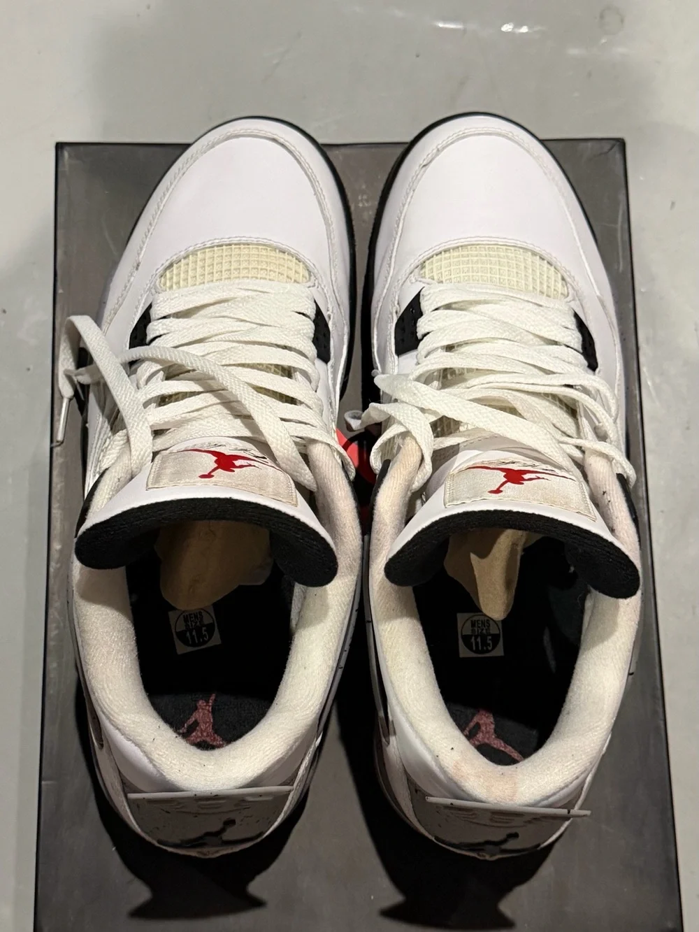 Jordan Men’s White/ Cement Gray/Black Retro 4 Sneakers with Red Jumpman